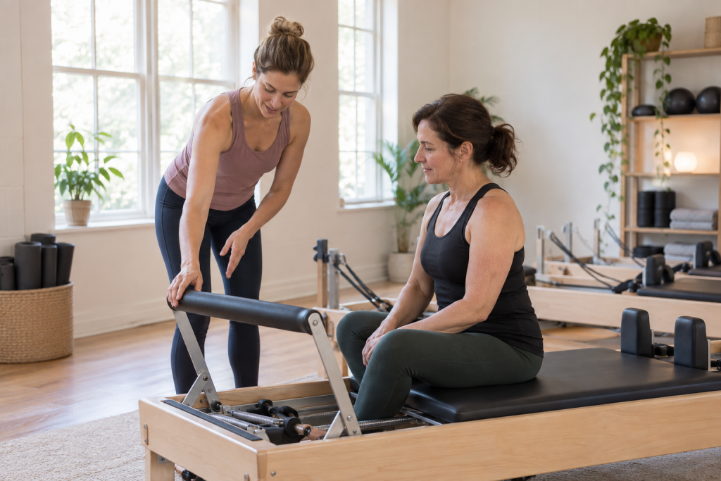 Instructor introducing a beginner to a Pilates reformer before class.