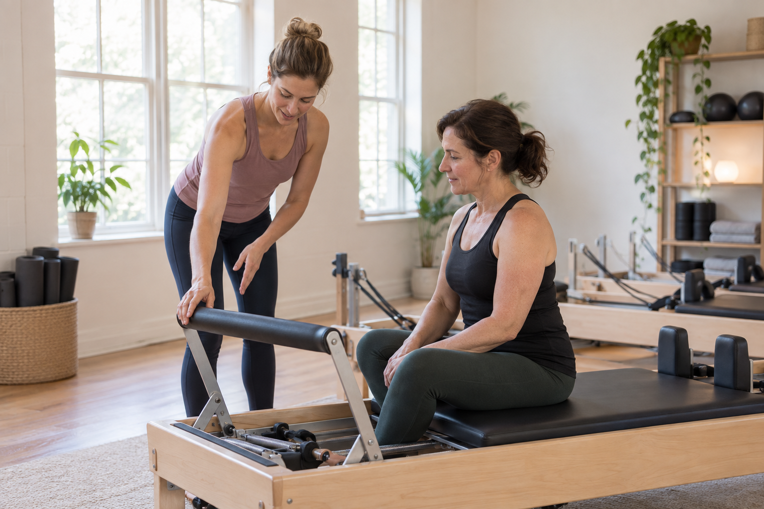 Instructor introducing a beginner to a Pilates reformer before class.