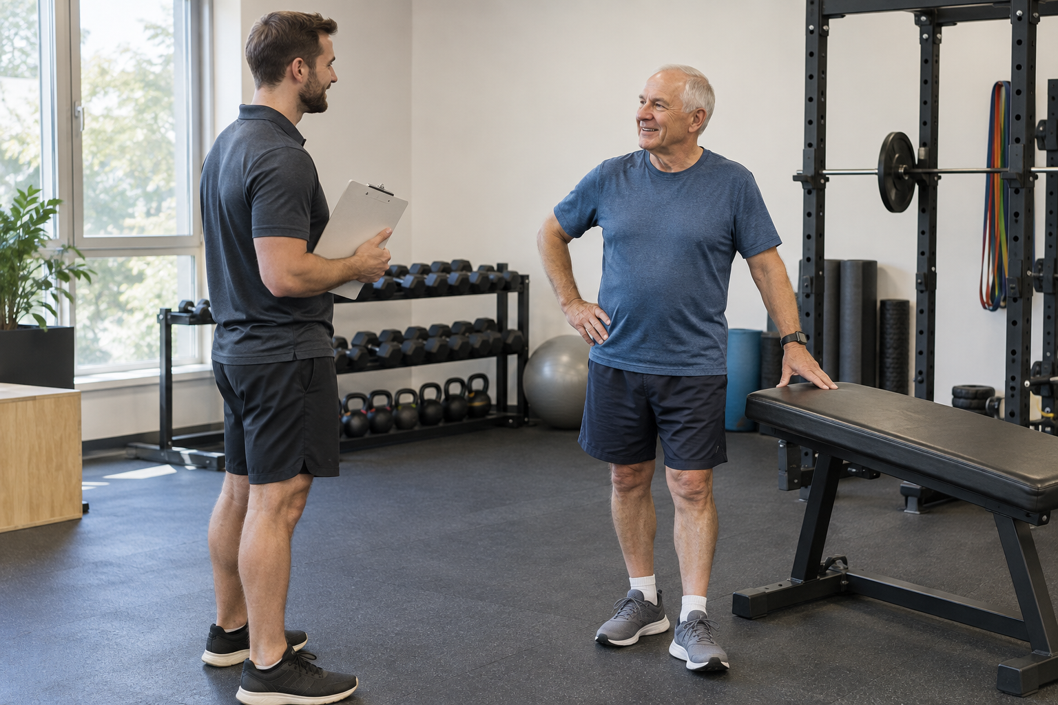 Coach talking with an older adult beside a training bench during an assessment.