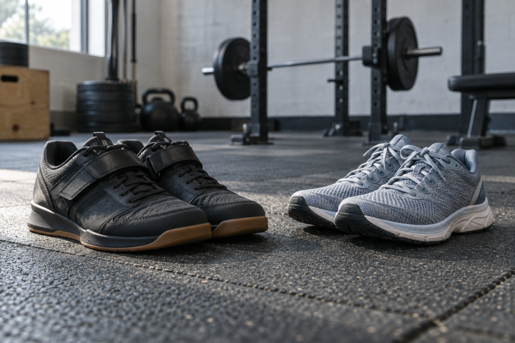 Firm training shoes and cushioned running shoes on a gym floor.