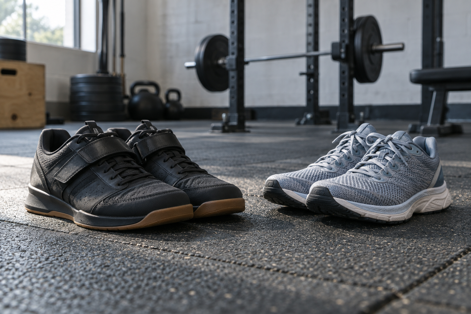 Firm training shoes and cushioned running shoes on a gym floor.