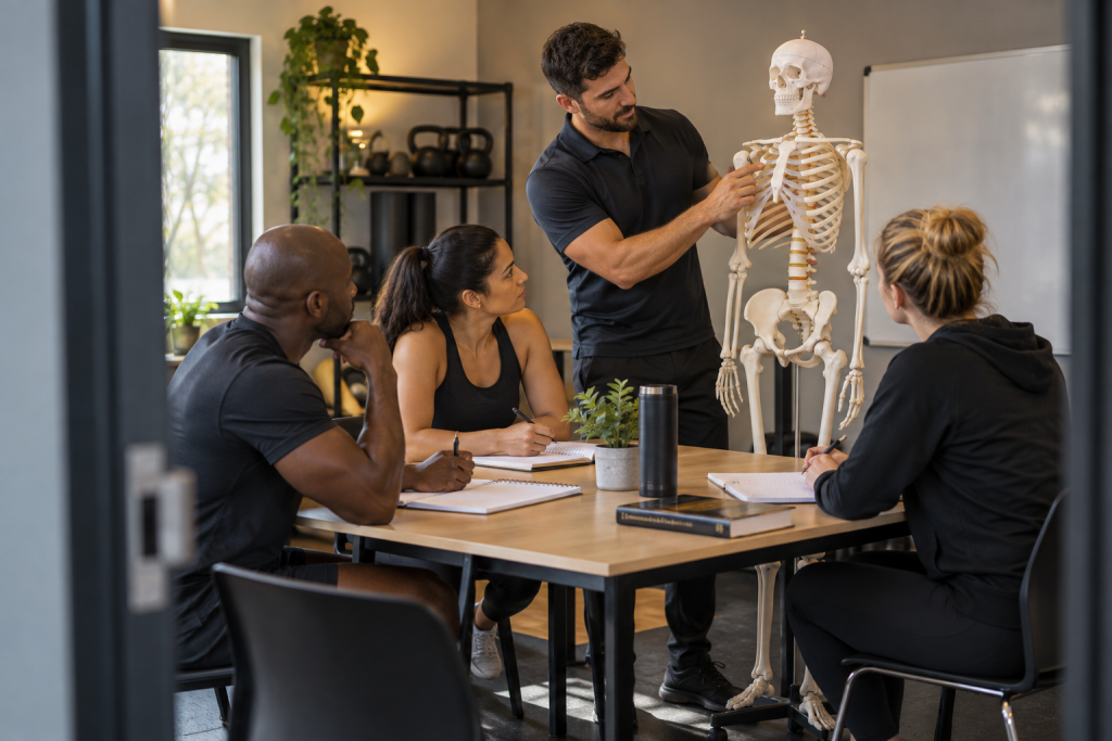 Trainee coaches learning anatomy with an educator and a skeleton model.