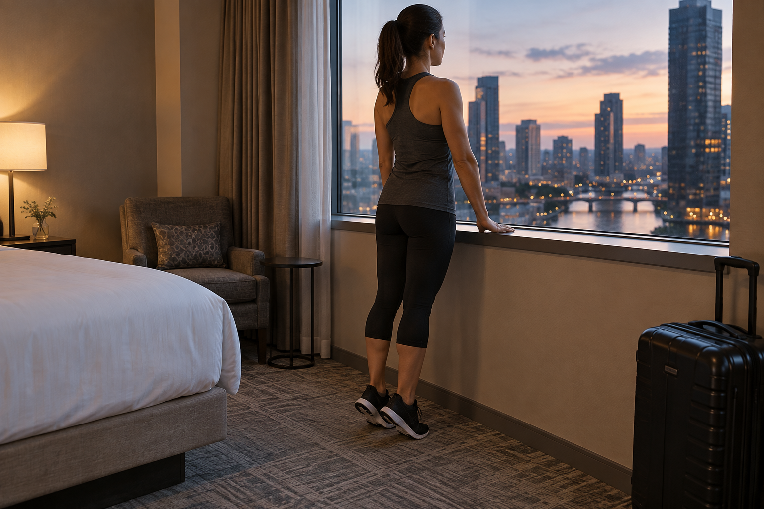 Traveller doing a supported calf raise beside a hotel window at dusk.